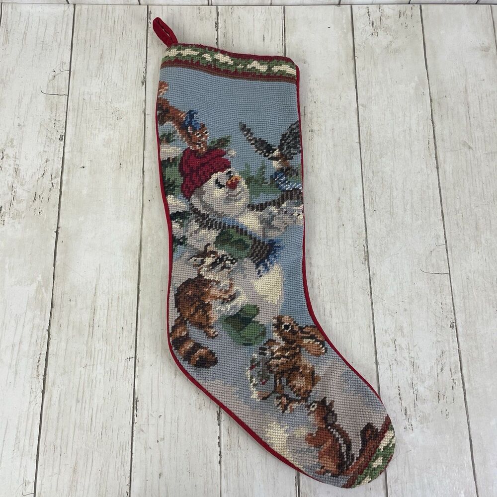 Vtg Needlepoint Christmas Stocking Raccoon Chipmunk Bunny Snowman Velvet Back